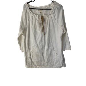 Ruff Hewn Blouse Womens Large Ivory Cotton Linen Boho Tie Neckline Tan Accents